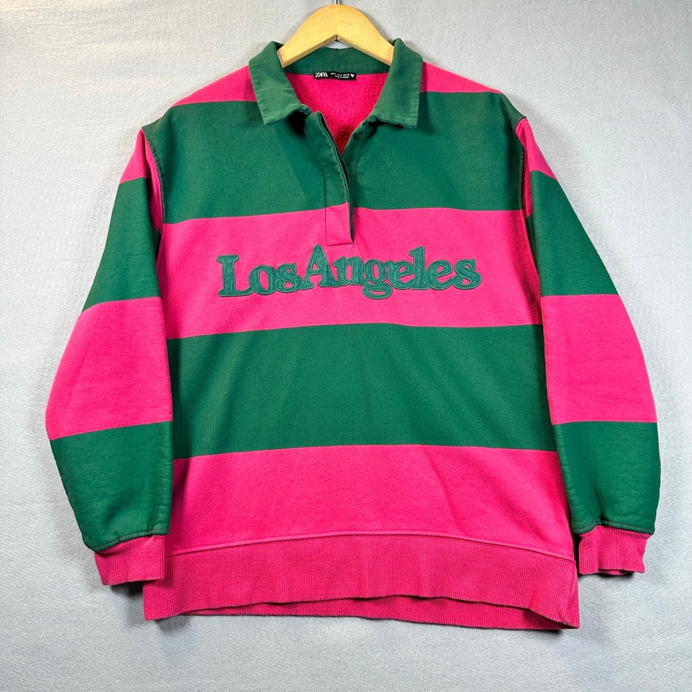 Zara LA Striped Rugby Sweatshirt Mens Small Pink Green Fleece Pullover